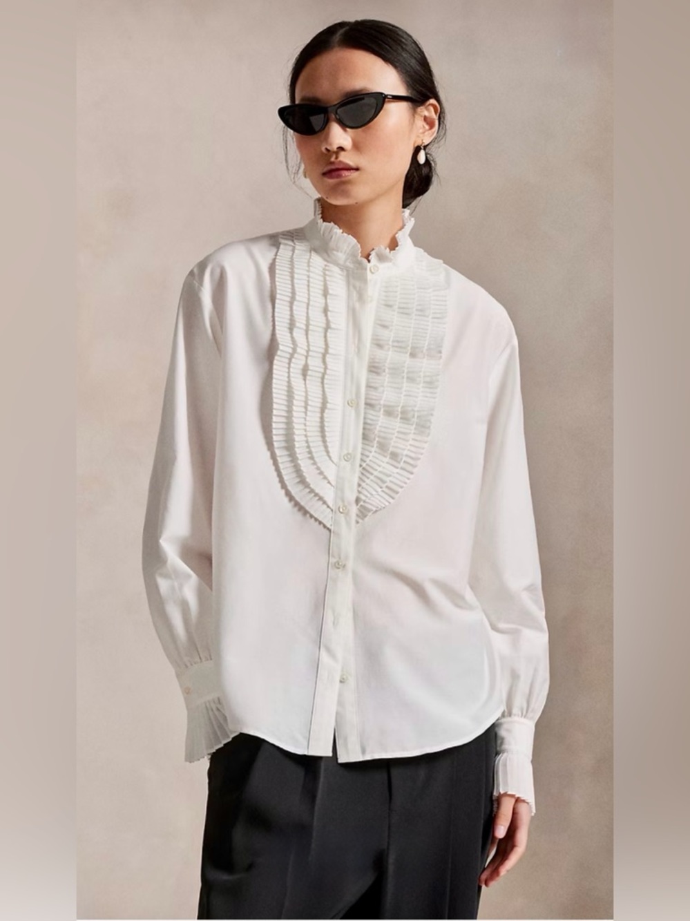 Polo Ralph Lauren White Pleated-Bib Cotton-Silk Front Ruffle‎ Blouse Size:10 NWT